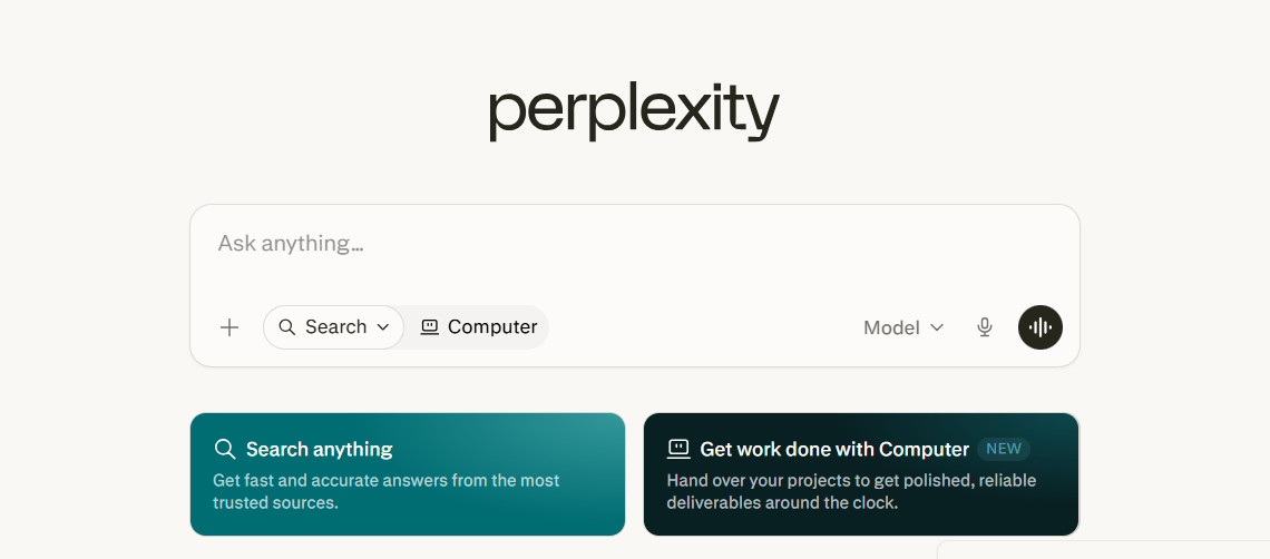 Perplexity interface with search and Computer tools, featured in our best AI assistant roundup